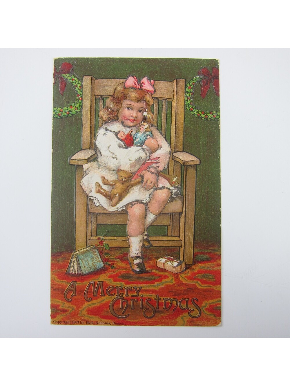 Christmas Postcard Victorian Girl & Toys Teddy Bear Dolls Embossed Antique 1907